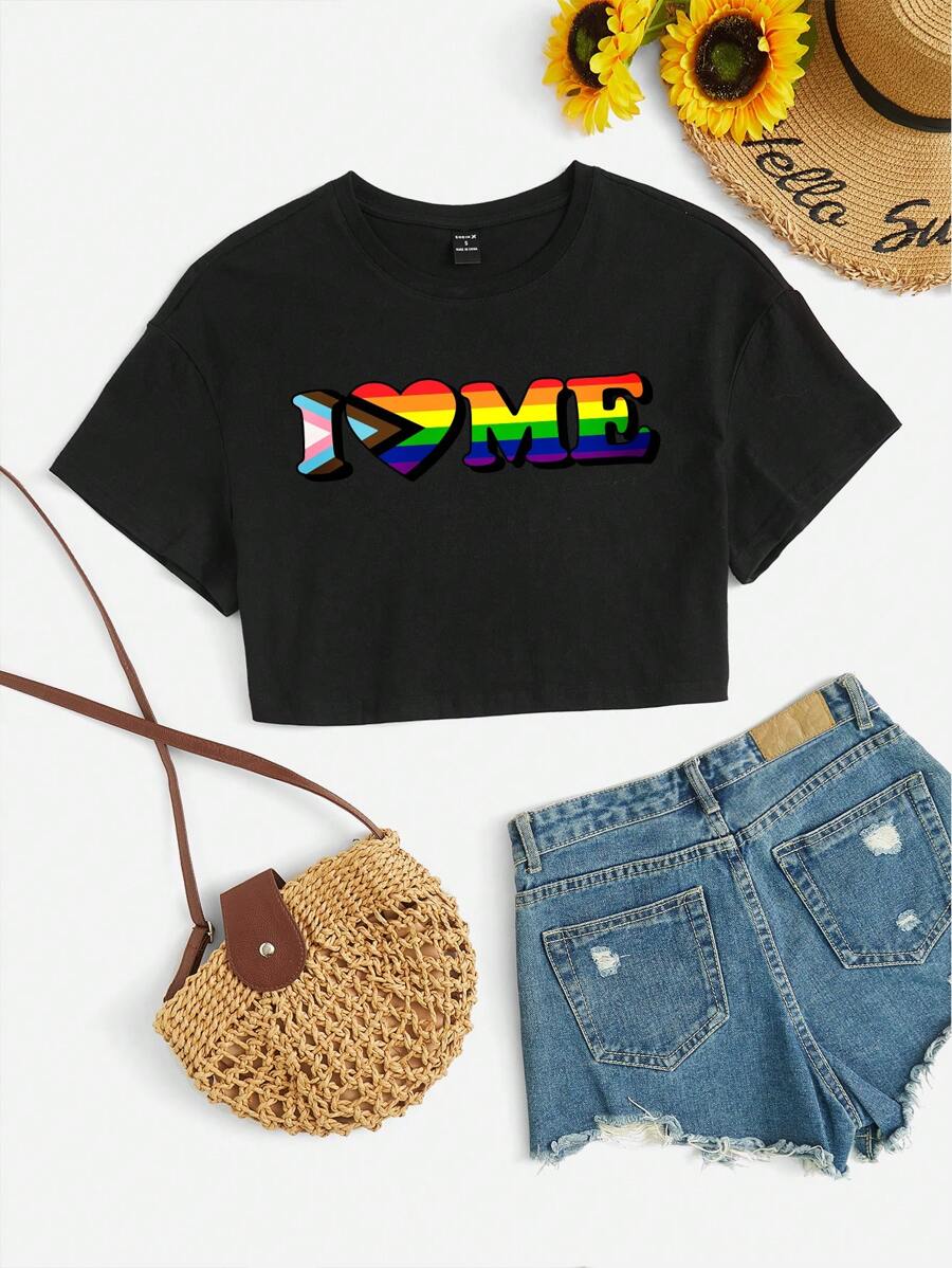 B. Stecz Designs Áo thun nữ Slogan sọc cầu vồng Giải trí - màu đen - Xem 1