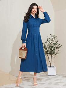 Mulvari 100%棉素色前紐扣褶皺細節襯衫洋裝