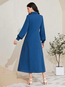 Mulvari 100%棉素色前紐扣褶皺細節襯衫洋裝