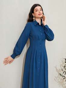 Mulvari 100%棉素色前紐扣褶皺細節襯衫洋裝