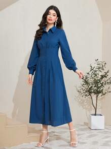 Mulvari 100%棉素色前紐扣褶皺細節襯衫洋裝