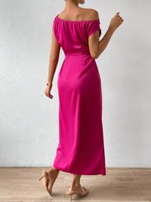 SHEIN Privé Chất rắn Viền ven Váy Wrap Hem - Màu Hồng Tươi - Xem 2