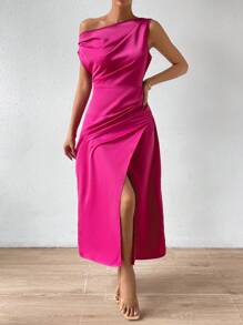 SHEIN Privé Chất rắn Viền ven Váy Wrap Hem - Màu Hồng Tươi - Xem 4