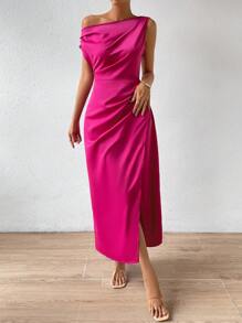 SHEIN Privé Chất rắn Viền ven Váy Wrap Hem - Màu Hồng Tươi - Xem 6