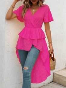 SHEIN LUNE 素色高低下擺荷葉邊下擺襯衫 - 玫紅色 - 查看 1