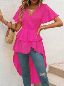 SHEIN LUNE 素色高低下擺荷葉邊下擺襯衫 - 玫紅色 - 查看 6