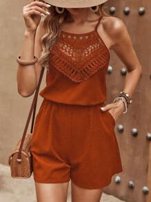 SHEIN LUNE Combishort À Fines Brides En Dentelle À Poche - Tabac - Voir 1