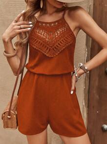 SHEIN LUNE Combishort À Fines Brides En Dentelle À Poche - Tabac - Voir 6