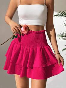 Breezaya Váy nữ viền lá sen Dải chun phân lớp màu trơn Boho - Hồng - Xem 3