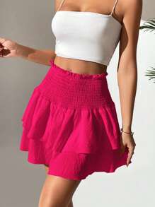 Breezaya Váy nữ viền lá sen Dải chun phân lớp màu trơn Boho - Hồng - Xem 5