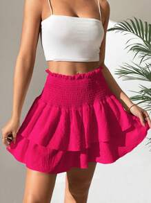 Breezaya Váy nữ viền lá sen Dải chun phân lớp màu trơn Boho - Hồng - Xem 6