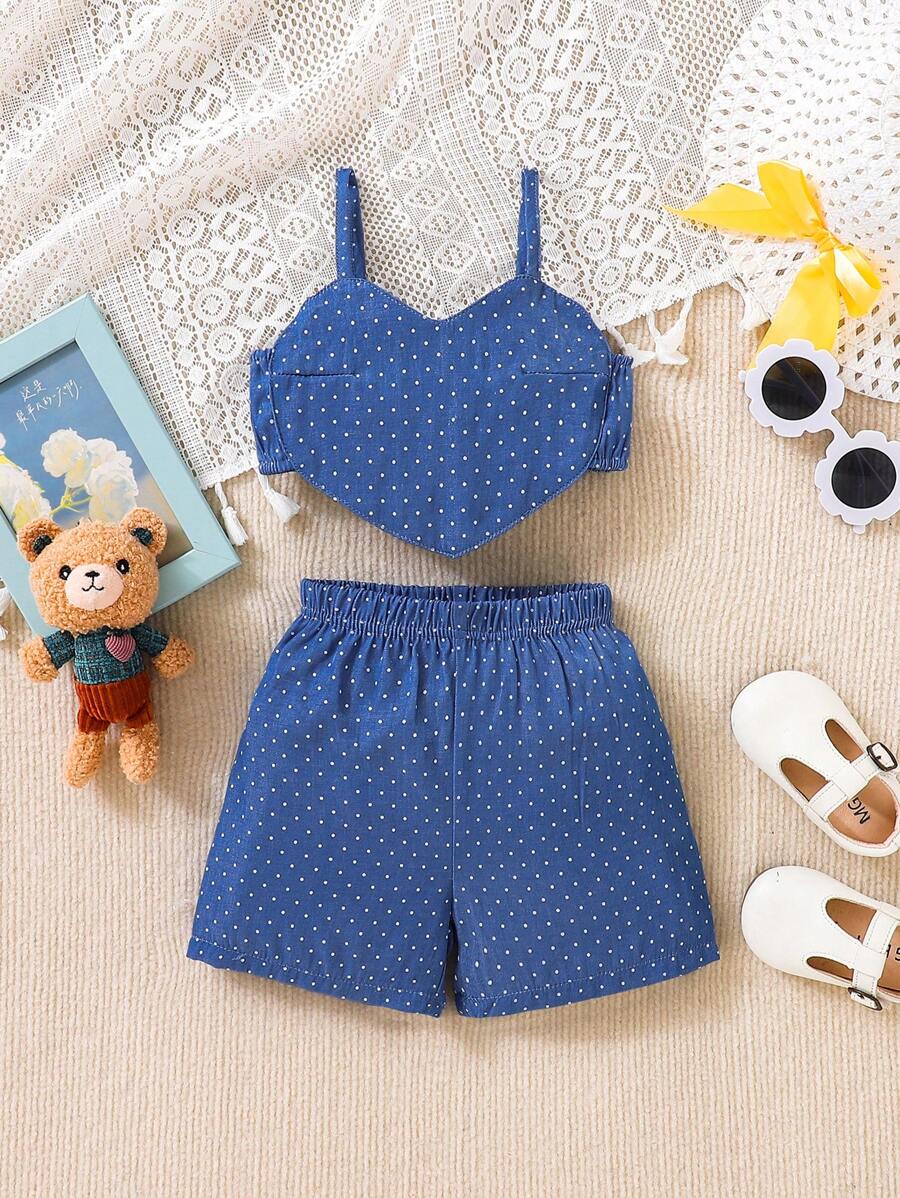 SHEIN Bộ Bé Gái Bất đối xứng Chấm bi - Màu xanh hải quân - Xem 1