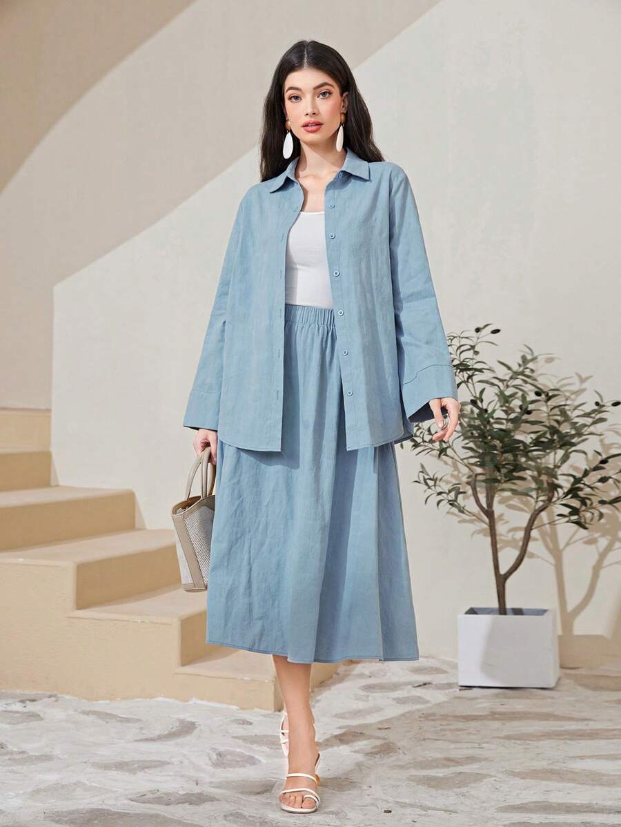 Seusyu Cotton Solid Button Front Shirt & Skirt - Baby Blue - View 1