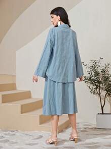 Seusyu Cotton Solid Button Front Shirt & Skirt - Baby Blue - View 2