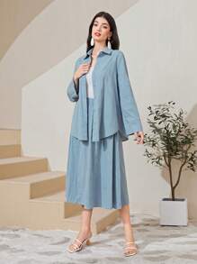 Seusyu Cotton Solid Button Front Shirt & Skirt - Baby Blue - View 4