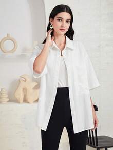 Mulvari Drop Shoulder Button Front Shirt Without Cami Top - White - View 4