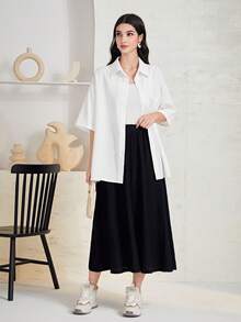 Mulvari Drop Shoulder Button Front Shirt Without Cami Top - White - View 5