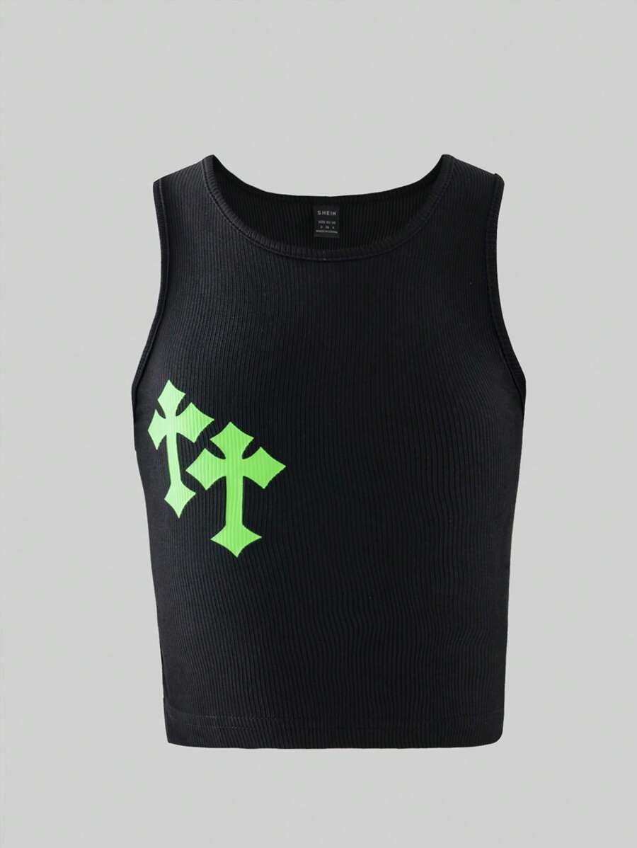 圖案印花條紋針織背心上衣 - 黑色 - 查看 1