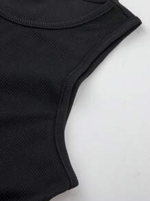 圖案印花條紋針織背心上衣 - 黑色 - 查看 4