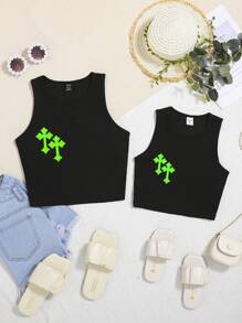 圖案印花條紋針織背心上衣 - 黑色 - 查看 5