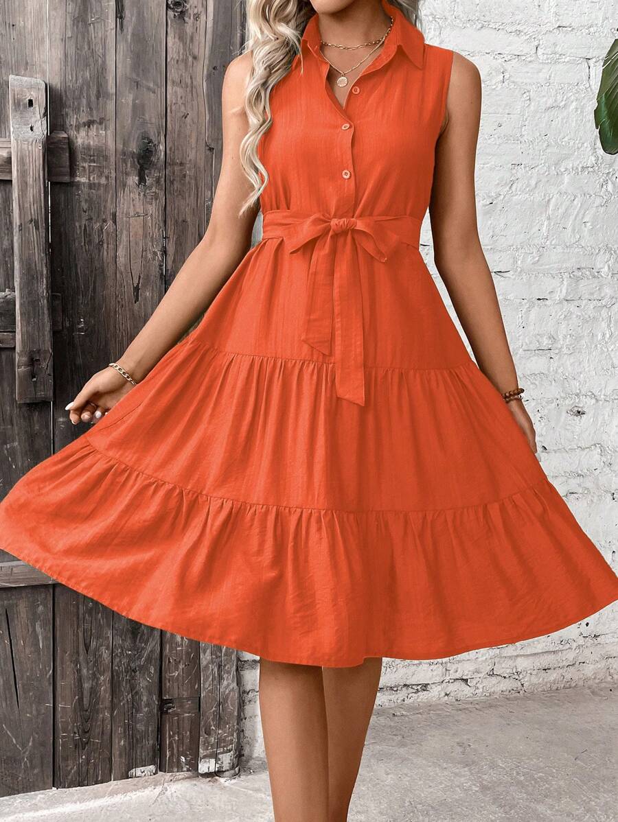 SHEIN VCAY Ruffle Hem Belted Shirt Dress - Burnt Orange - View 1
