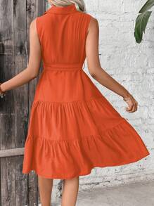 SHEIN VCAY Ruffle Hem Belted Shirt Dress - Burnt Orange - View 2