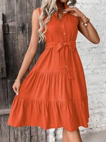 SHEIN VCAY Ruffle Hem Belted Shirt Dress - Burnt Orange - View 3