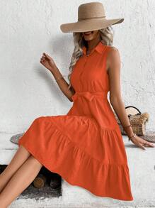 SHEIN VCAY Ruffle Hem Belted Shirt Dress - Burnt Orange - View 6