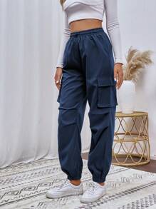 SHEIN Unity Flap Pocket Side Drawstring Waist Cargo Pants Fall Cloth For Women - Navy Blue - View 3