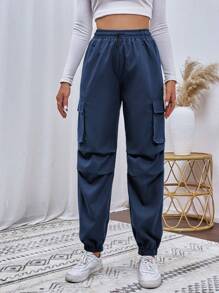 SHEIN Unity Flap Pocket Side Drawstring Waist Cargo Pants Fall Cloth For Women - Navy Blue - View 4