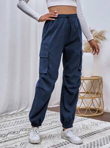 SHEIN Unity Flap Pocket Side Drawstring Waist Cargo Pants Fall Cloth For Women - Navy Blue - View 5