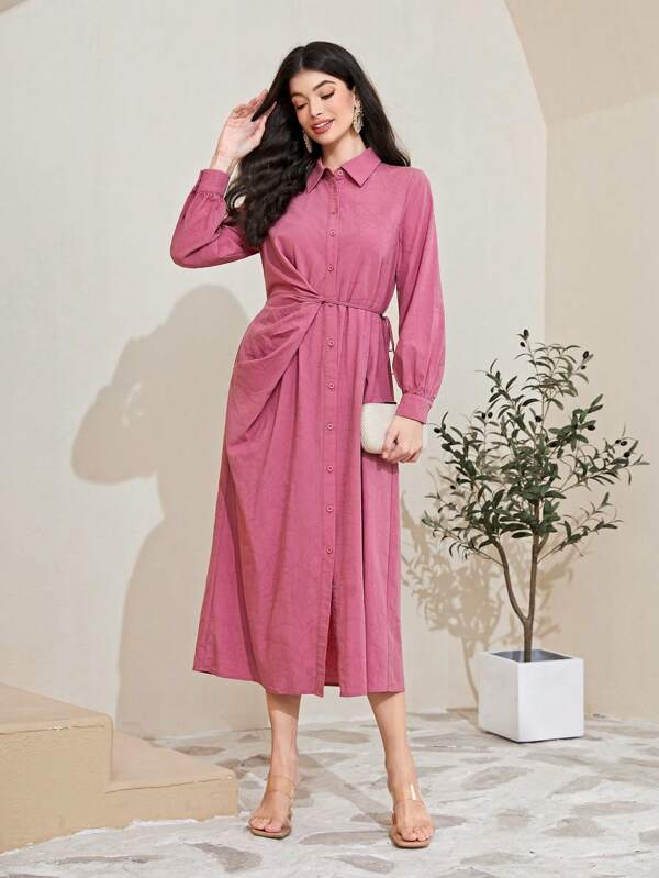 Mulvari Cotton Solid Button Front Shirt Dress