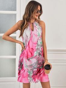 SHEIN LUNE In Đá cẩm thạch Đường viền lỗ khóa Váy dây - Màu Hồng Tươi - Xem 6