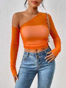 SHEIN ICON 不對稱領側收褶短款上衣 - 橘色 - 查看 1