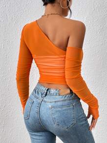 SHEIN ICON 不對稱領側收褶短款上衣 - 橘色 - 查看 2