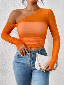 SHEIN ICON 不對稱領側收褶短款上衣 - 橘色 - 查看 5
