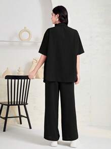 Mulvari 人像圖案落肩袖襯衫&闊腿褲不附吊帶上衣 - 黑色 - 查看 2