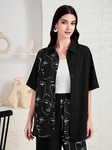 Mulvari 人像圖案落肩袖襯衫&闊腿褲不附吊帶上衣 - 黑色 - 查看 3