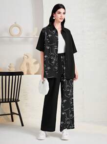 Mulvari 人像圖案落肩袖襯衫&闊腿褲不附吊帶上衣 - 黑色 - 查看 4