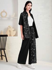 Mulvari 人像圖案落肩袖襯衫&闊腿褲不附吊帶上衣 - 黑色 - 查看 5