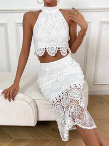 SHEIN Privé Ren Guipure Áo hai dây & Váy - trắng - Xem 4