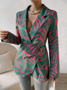 SHEIN Unity 滿版印花帶扣細節圍裹西裝外套 - 綠色 - 查看 1