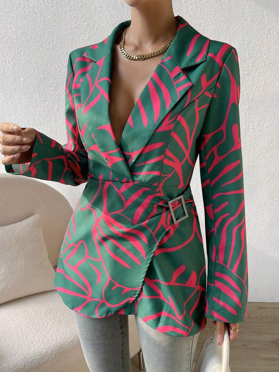 SHEIN Unity 滿版印花帶扣細節圍裹西裝外套 - 綠色 - 查看 1