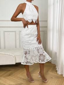 SHEIN Privé Ren Guipure Áo hai dây & Váy - trắng - Xem 5