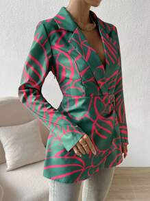 SHEIN Unity 滿版印花帶扣細節圍裹西裝外套 - 綠色 - 查看 4