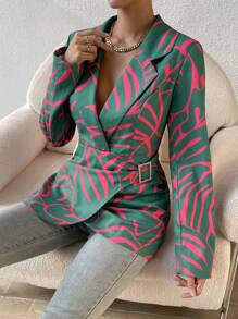 SHEIN Unity 滿版印花帶扣細節圍裹西裝外套 - 綠色 - 查看 5