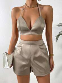 Chiquease Solid Tie Backless Halter Top & Shorts - Khaki - View 3