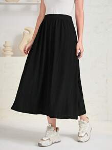 Seusyu 素色彈性腰帶A字半身裙 - 黑色 - 查看 1