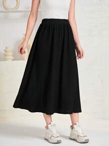 Seusyu 素色彈性腰帶A字半身裙 - 黑色 - 查看 5