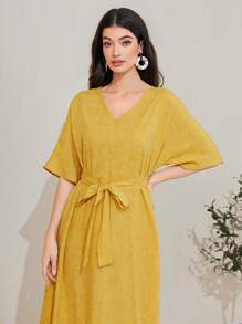 Mulvari Cotton Solid Belted A-line Dress
